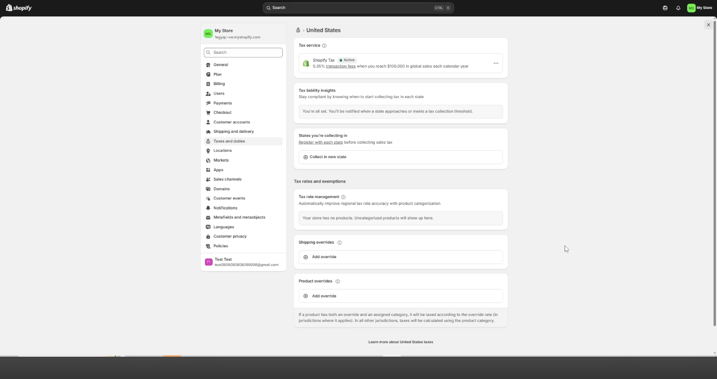 Shopify Tax settings showing a 0.35% fee after $100,000 in annual global sales